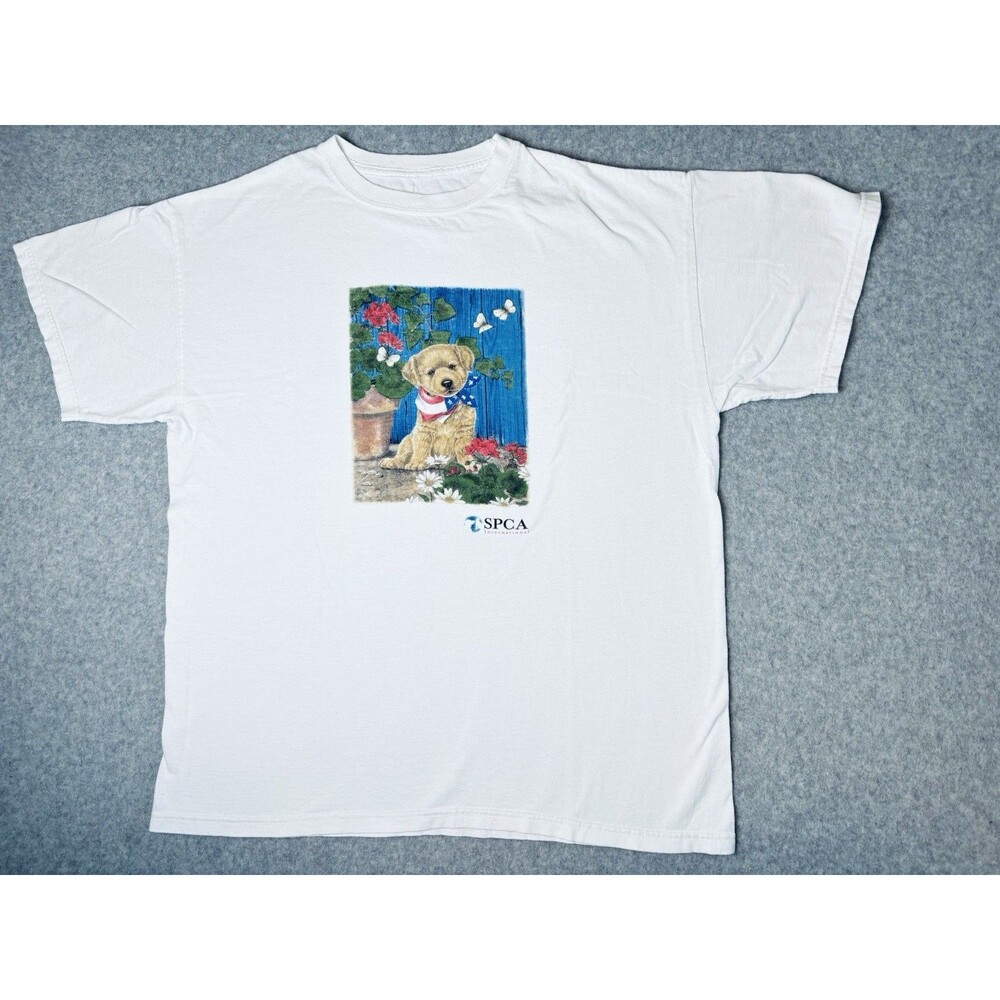 Vintage Patriotic Cute Puppy Dog SPCA International White Tee‎ Size Large Shirt